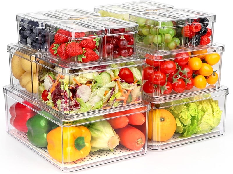 YKIOKE منظم ثلاجة 14 حزمة، صناديق منظم ثلاجة قابلة للتكديس مع أغطية خالية من BPA، منظمات ثلاجة شفافة وتخزين للمطبخ، الأسطح، الخزائن، الثلاجة، المشروبات، الفواكه، الخضروات، الحبوب - Image 1